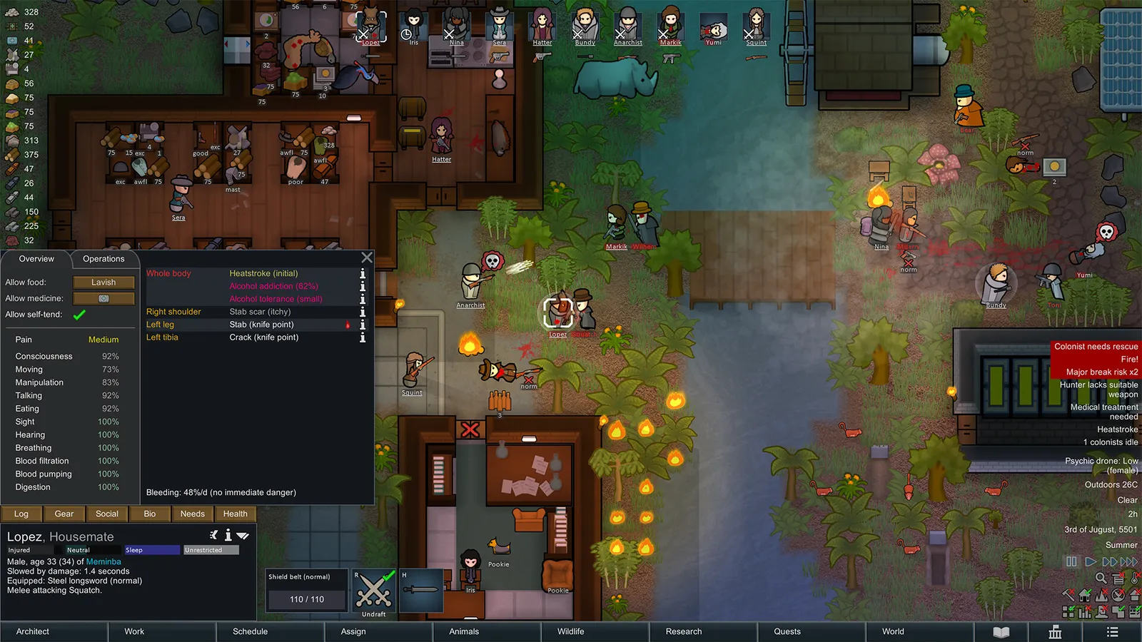 Cena de RimWorld mostra colônia vista de cima, com personagens, construções, combate e interface de gerenciamento.
