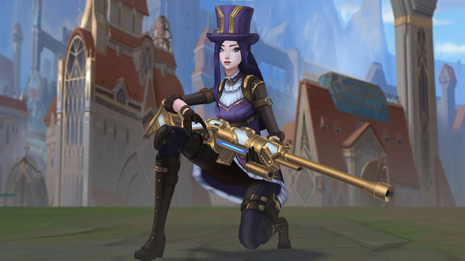 Campeã Caitlyn de League of Legends ajoelhada com rifle dourado em cenário urbano estilizado.