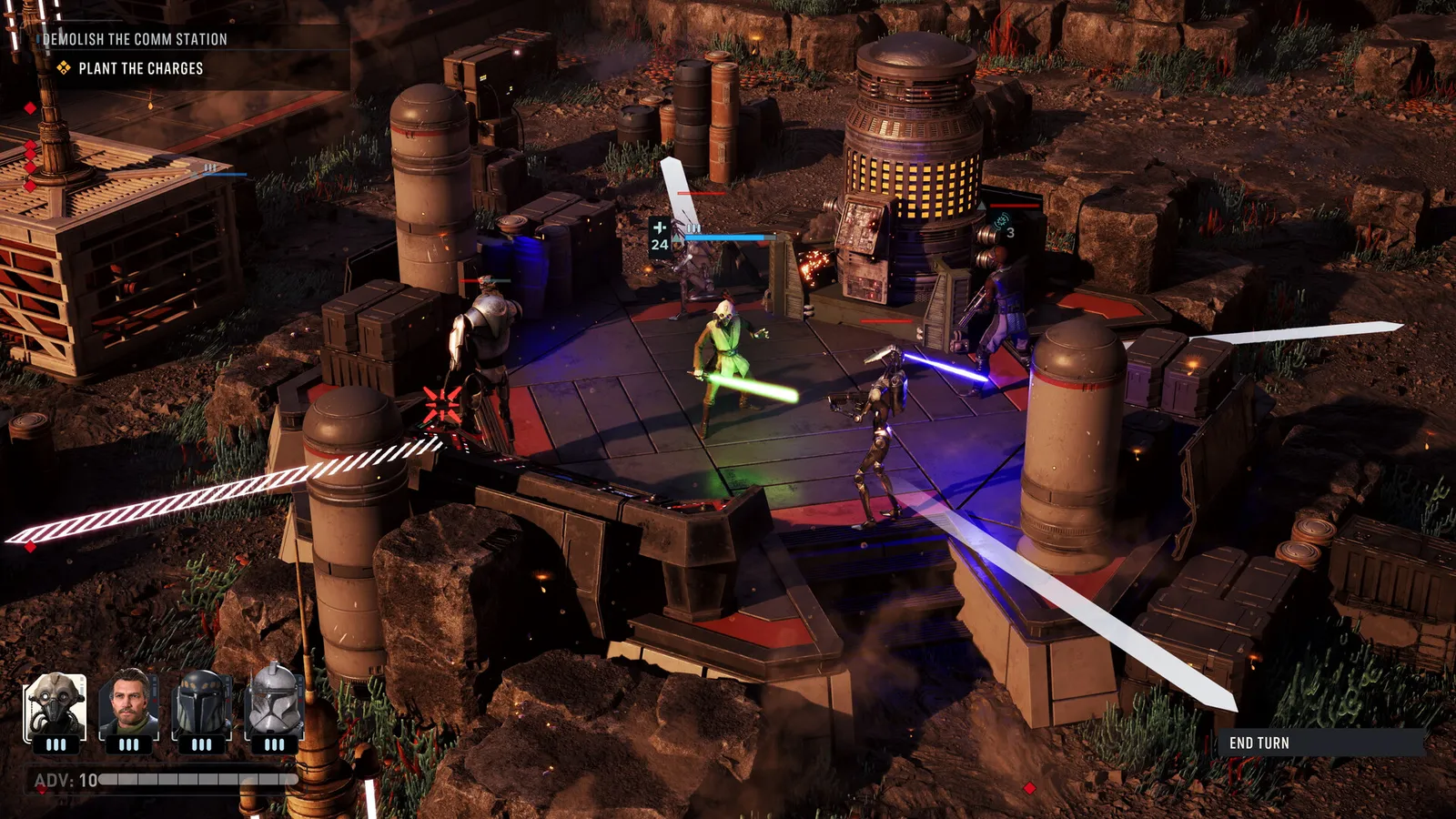 Combate tático em uma estação com personagens usando sabres de luz em Star Wars Zero Company.