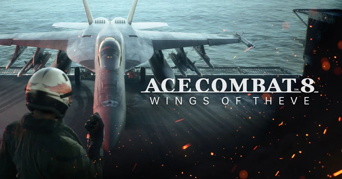 Caça militar em porta-aviões sobre o mar, com piloto em primeiro plano e logo de Ace Combat 8.