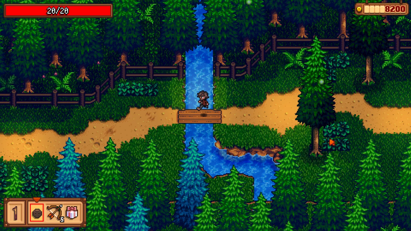Cena em pixel art mostra personagem sobre ponte de madeira diante de cachoeira em floresta, com interface do jogo.