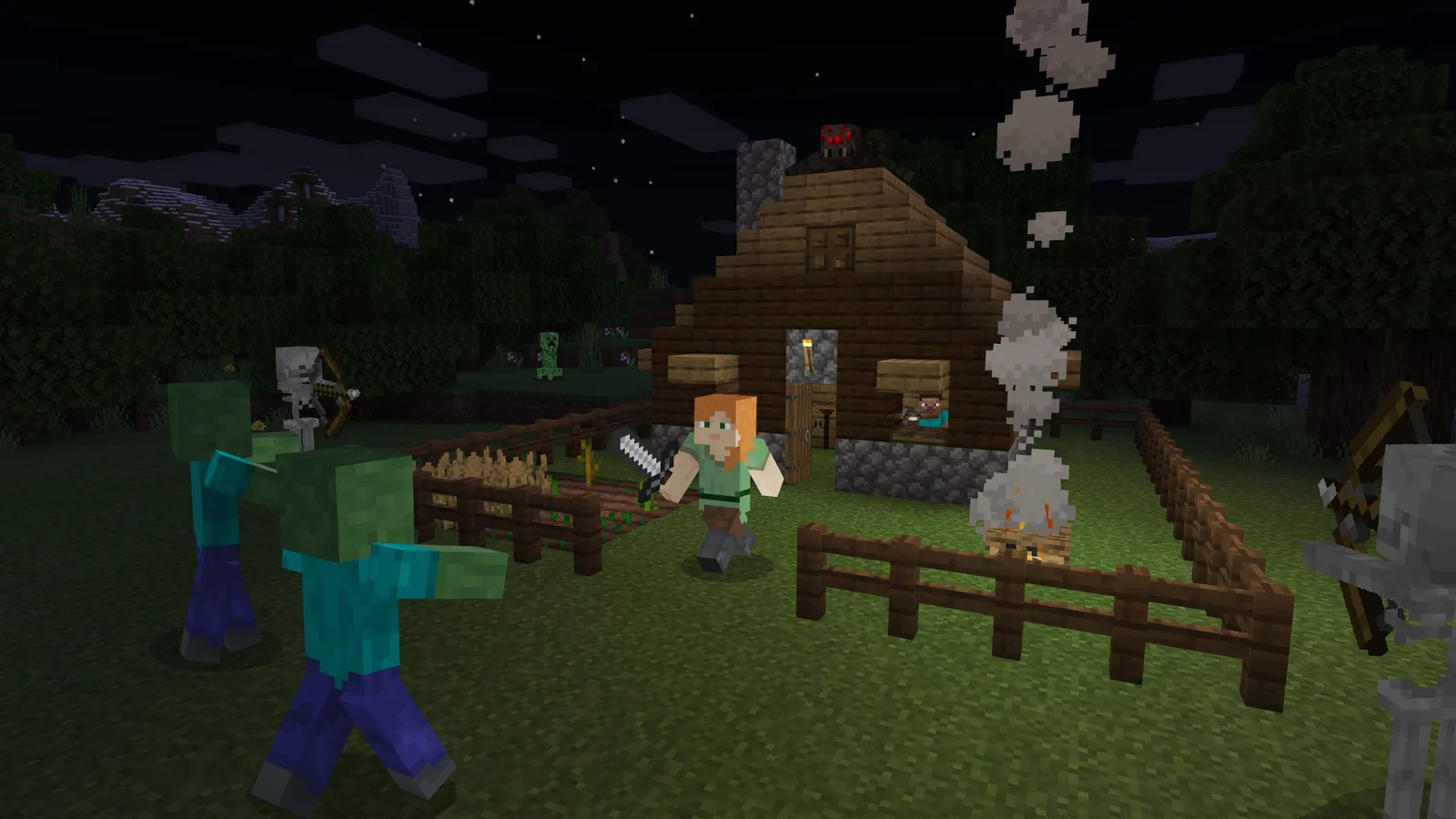 Personagem luta contra zumbis e esqueletos diante de uma casa de madeira à noite em Minecraft.