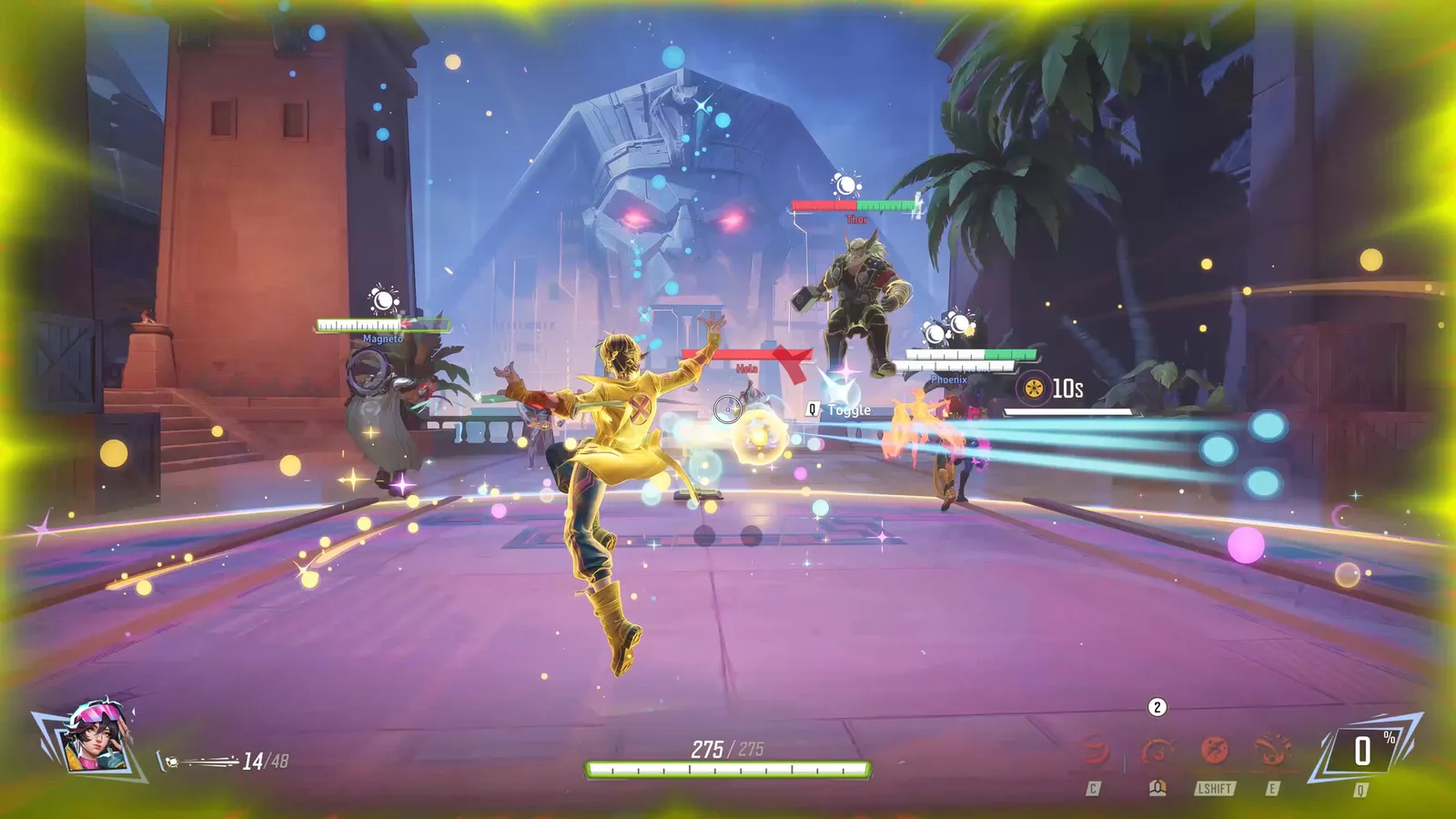 Combate em Marvel Rivals, com personagens lançando habilidades luminosas em uma rua e interface de jogo visível.