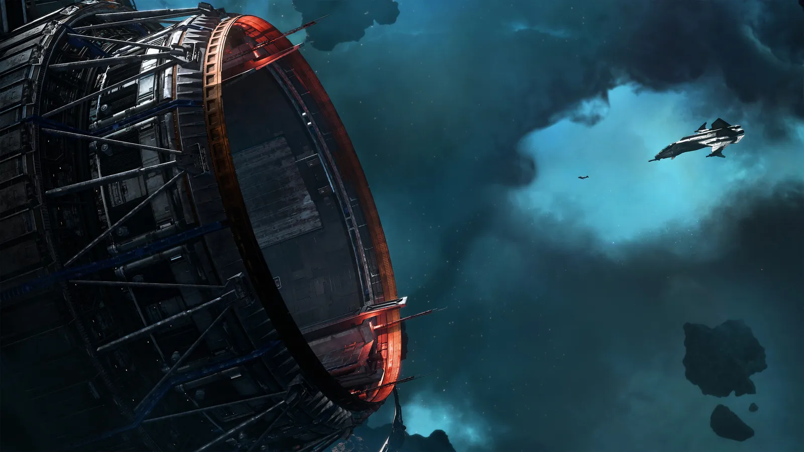 Nave espacial voa perto de uma grande estação circular em meio a nuvens cósmicas e asteroides.