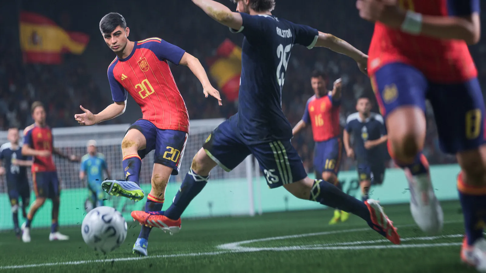 Jogador da Espanha chuta a bola durante partida de futebol contra equipe de uniforme azul em estádio lotado.