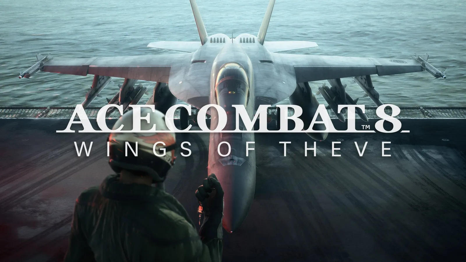 Caça militar sobrevoa o mar enquanto um piloto visto de costas observa, com o logo Ace Combat 8: Wings of Theve.