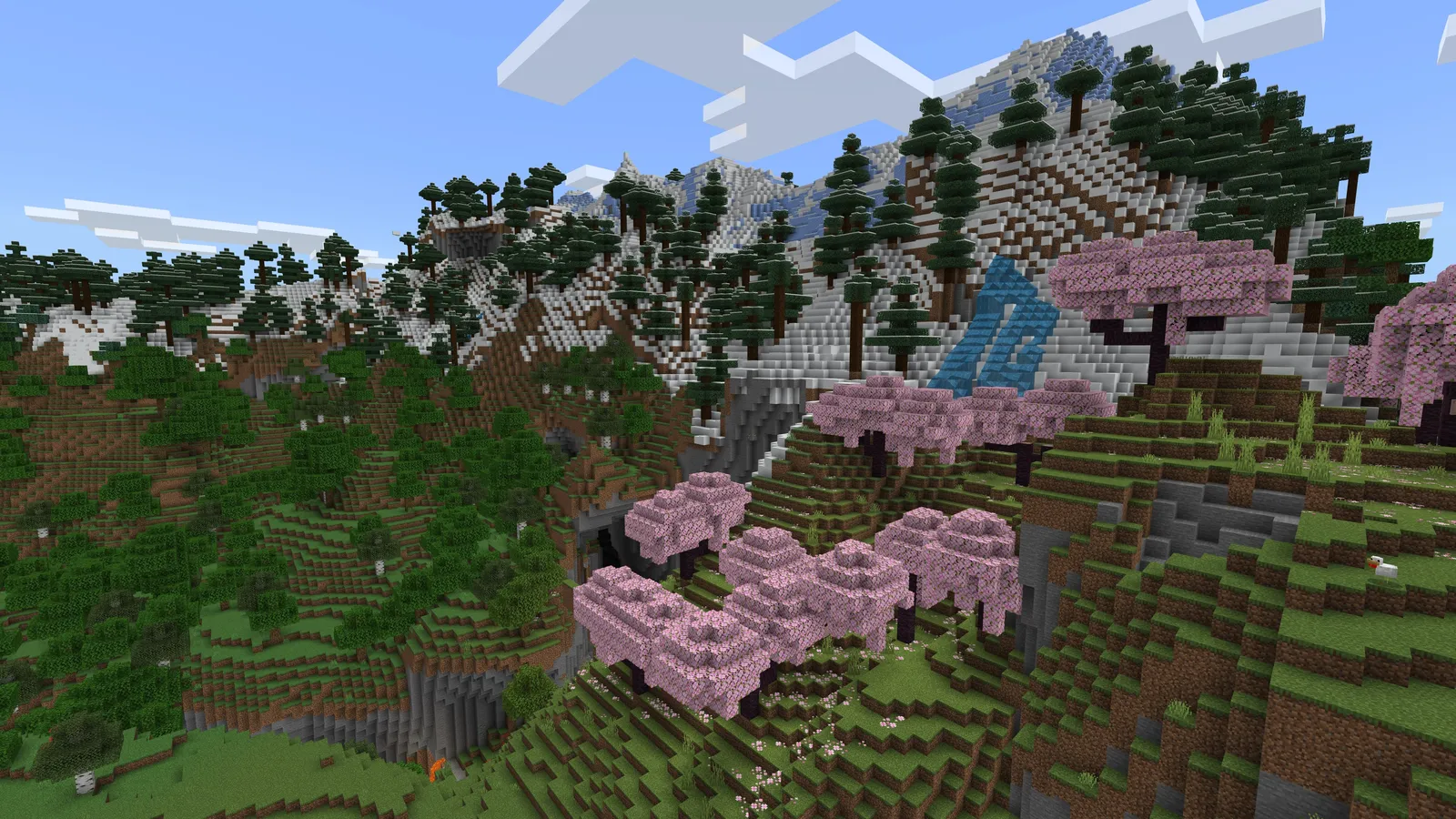 Paisagem de Minecraft com montanhas, floresta de pinheiros, cachoeira e árvores de cerejeira rosa.