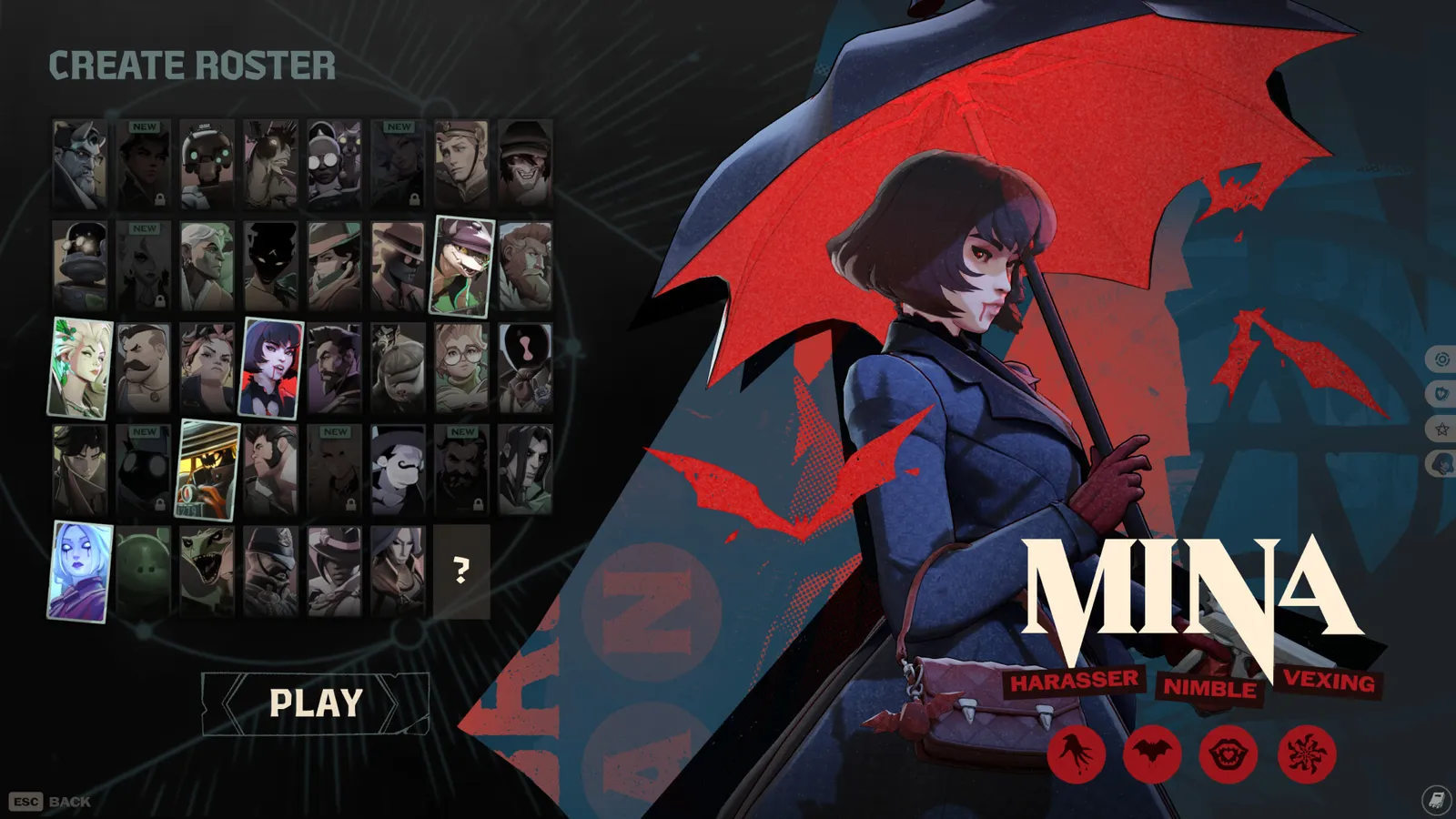 Tela de seleção de personagem de Deadlock com Mina, mulher sob guarda-chuva vermelho, e elenco à esquerda.