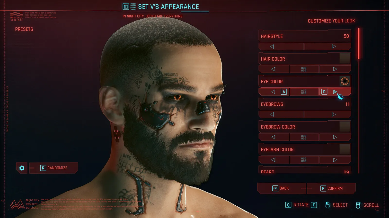 Tela de criação de personagem de Cyberpunk 2077 com homem barbudo e implantes faciais.