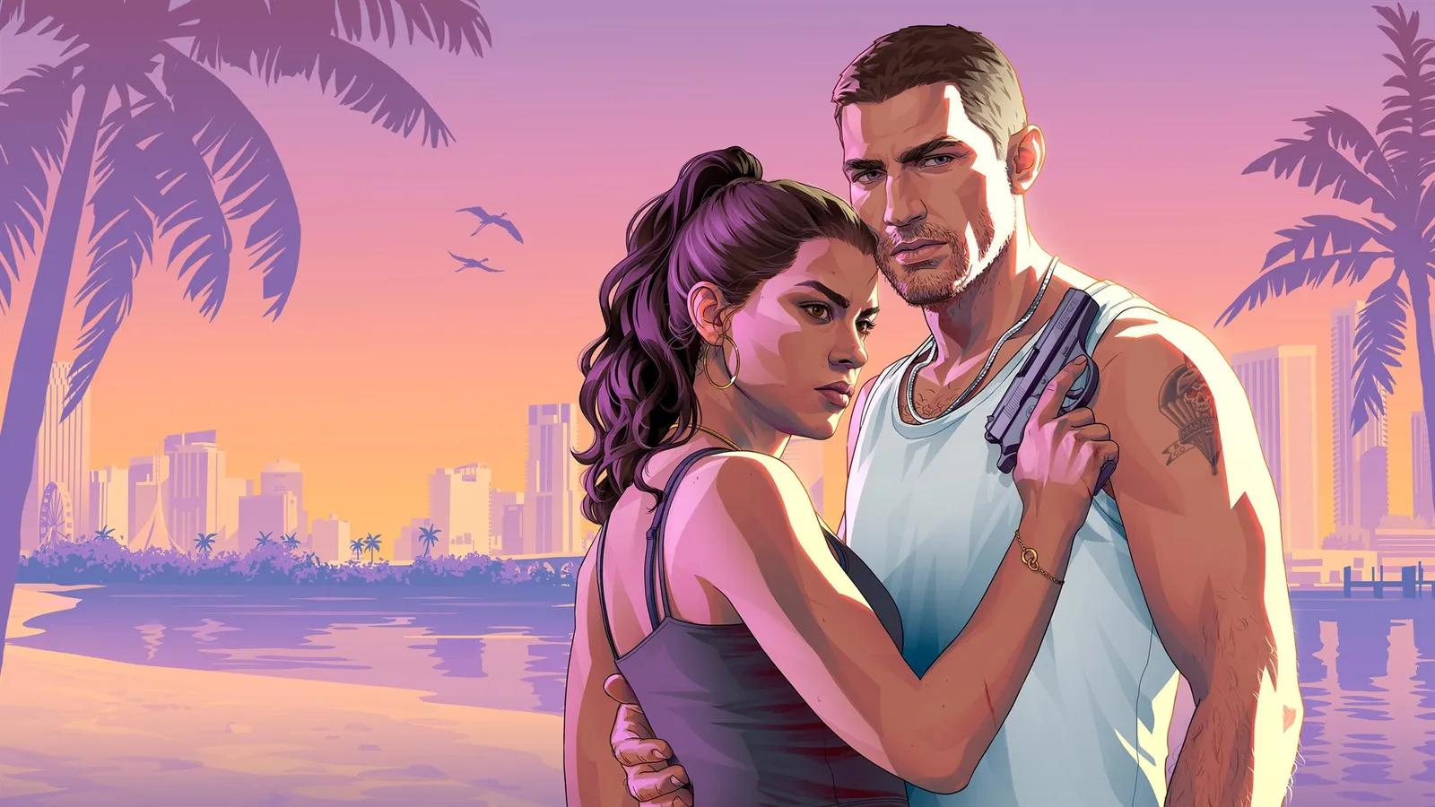 Ilustração de um casal abraçado diante de palmeiras, prédios e água ao pôr do sol em Vice City.