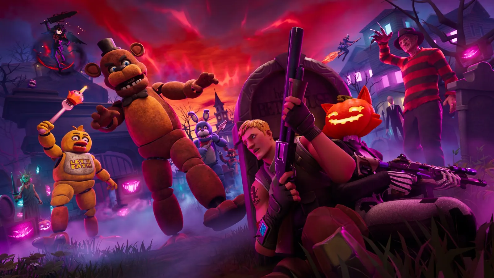 Personagens de Fortnite enfrentam animatrônicos em cenário noturno com céu vermelho e abóboras iluminadas.