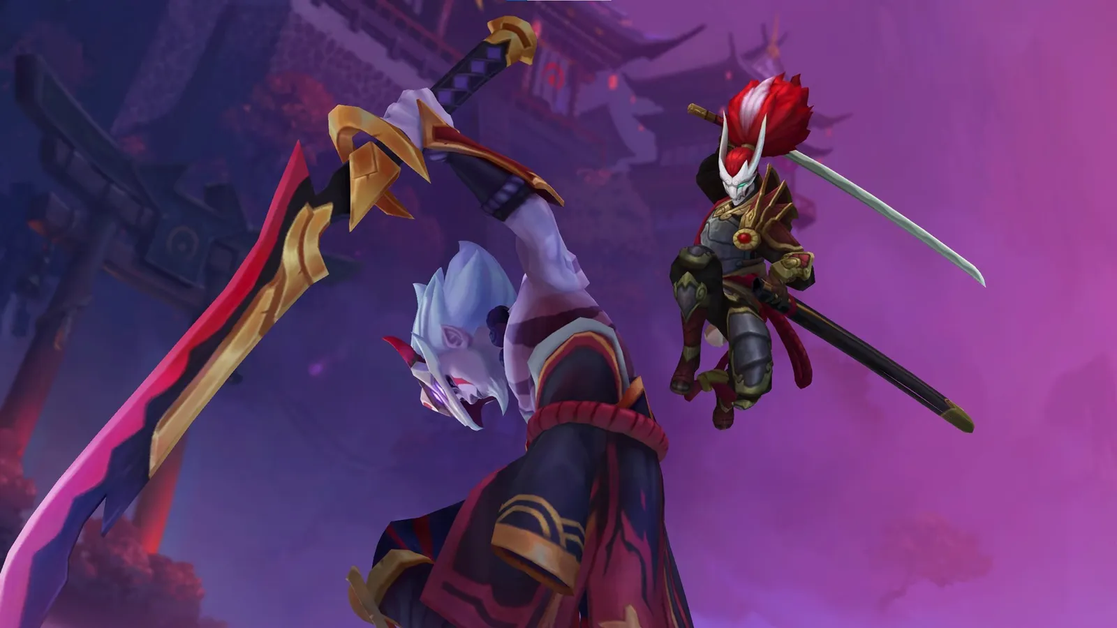 Dois campeões de League of Legends em combate, com espadas e cenário roxo ao fundo.