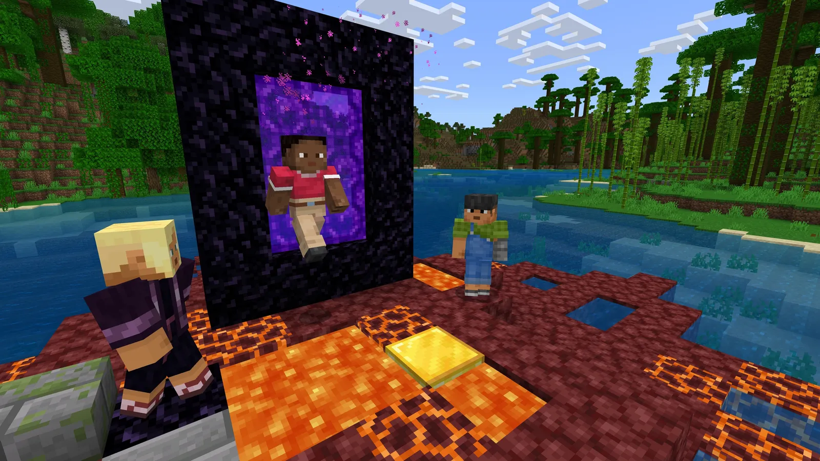 Personagens de Minecraft atravessam um portal roxo em área com lava, água e floresta.