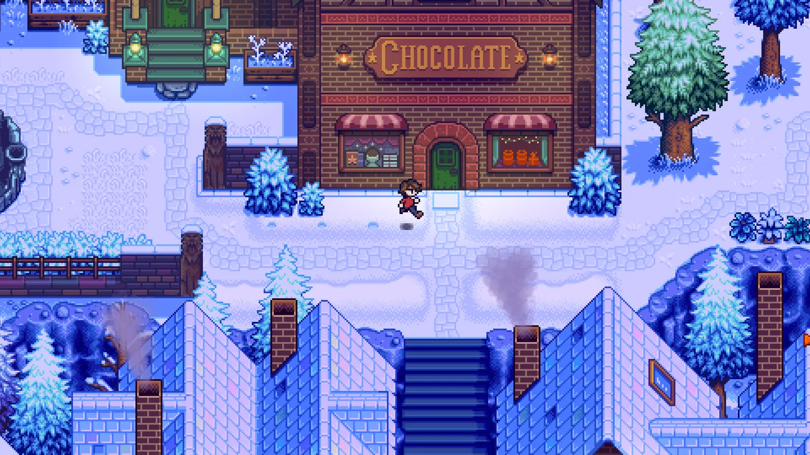 Cena pixelada de inverno mostra personagem diante de uma loja de chocolates em rua coberta de neve.