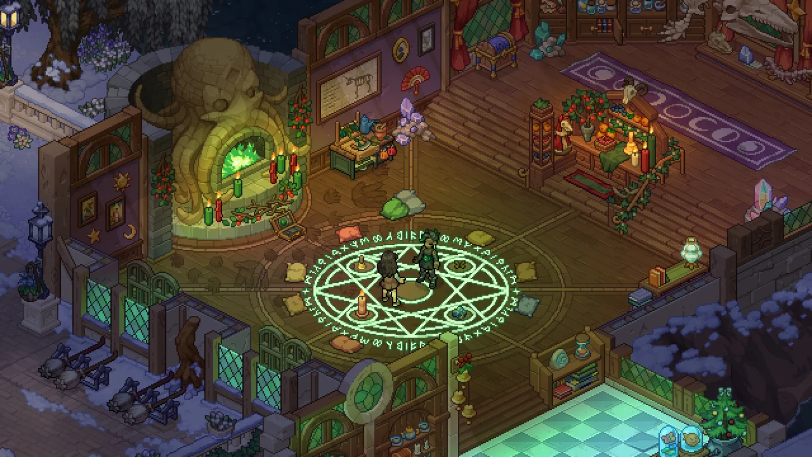 Personagens sobre um círculo mágico verde em um salão de bruxaria em pixel art, com velas, plantas e estantes.