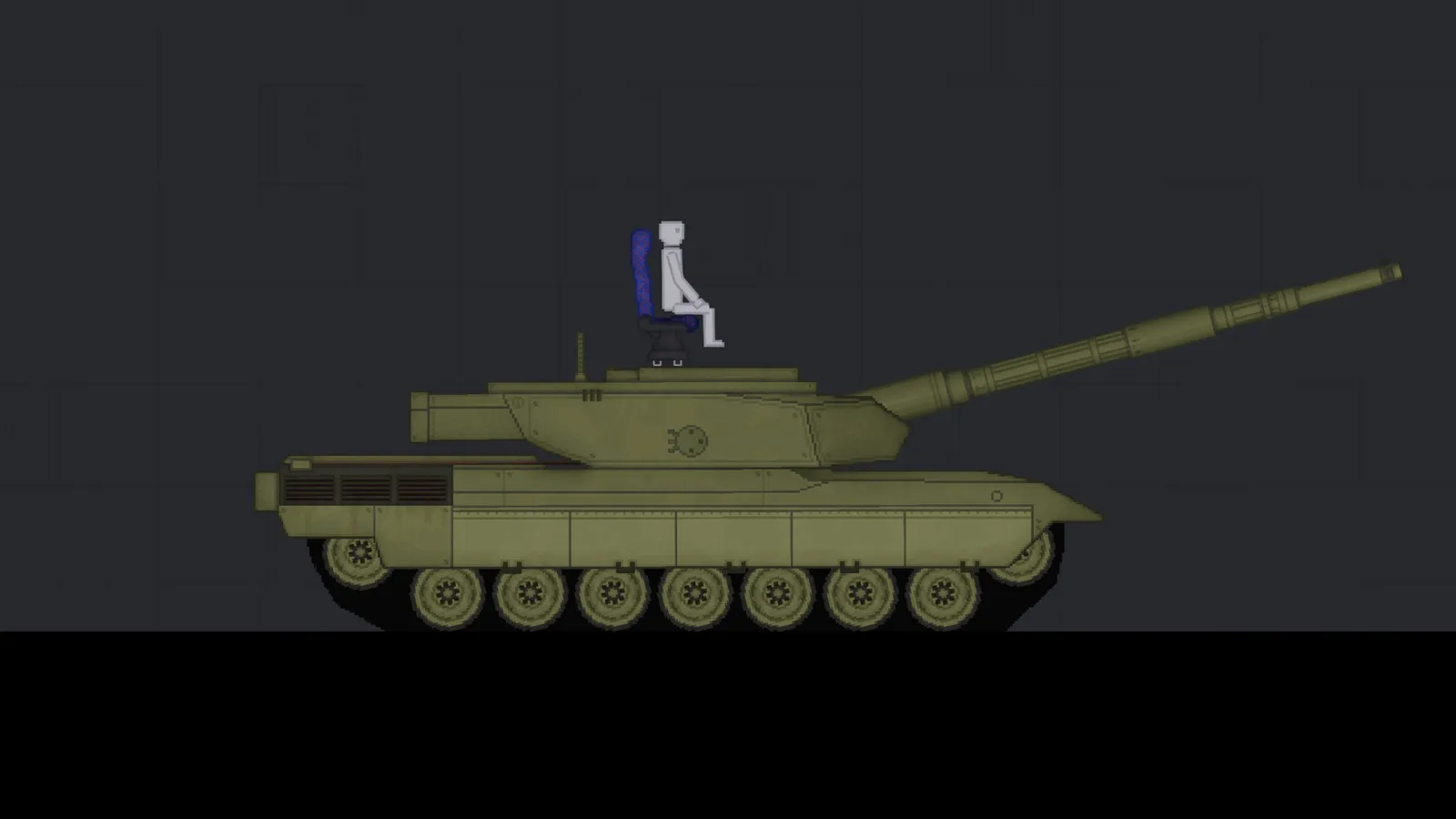 Tanque militar verde em fundo escuro com personagem ragdoll sentado sobre a torre.