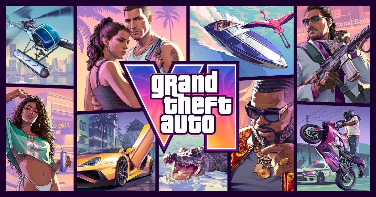 Colagem oficial de Grand Theft Auto VI com protagonistas, carros, helicóptero, lancha, moto e o logotipo central.