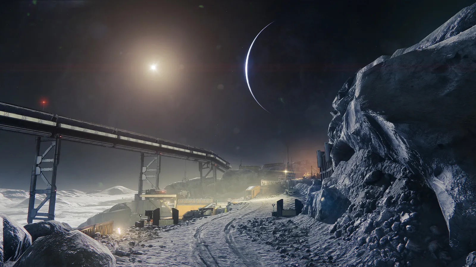 Paisagem lunar de Destiny 2 com ponte metálica, rochas, instalações iluminadas e um planeta ao fundo.