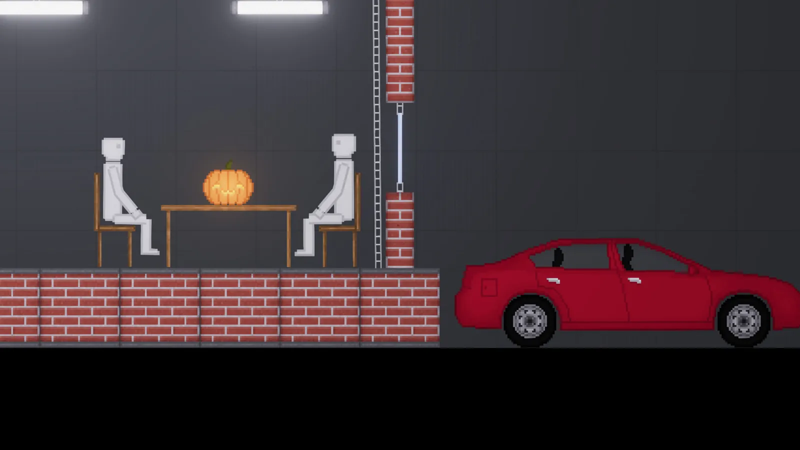 Cena de People Playground com dois bonecos sentados à mesa, uma abóbora e um carro vermelho em ambiente de tijolos.