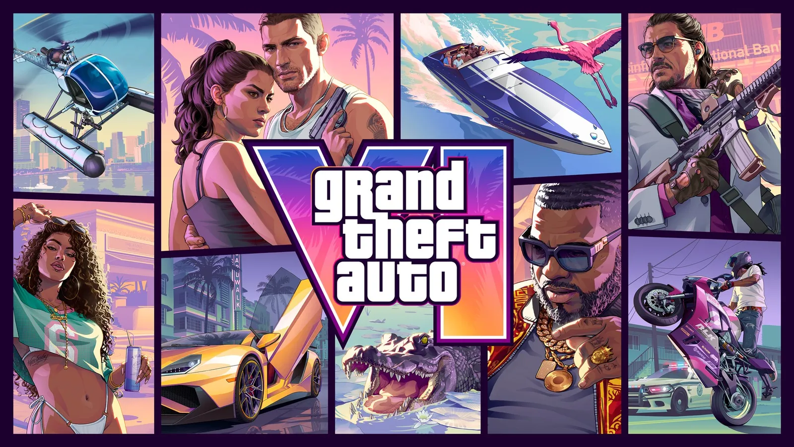 Arte oficial de Grand Theft Auto VI com personagens, carros, helicóptero, lancha e motocicleta em painéis coloridos.