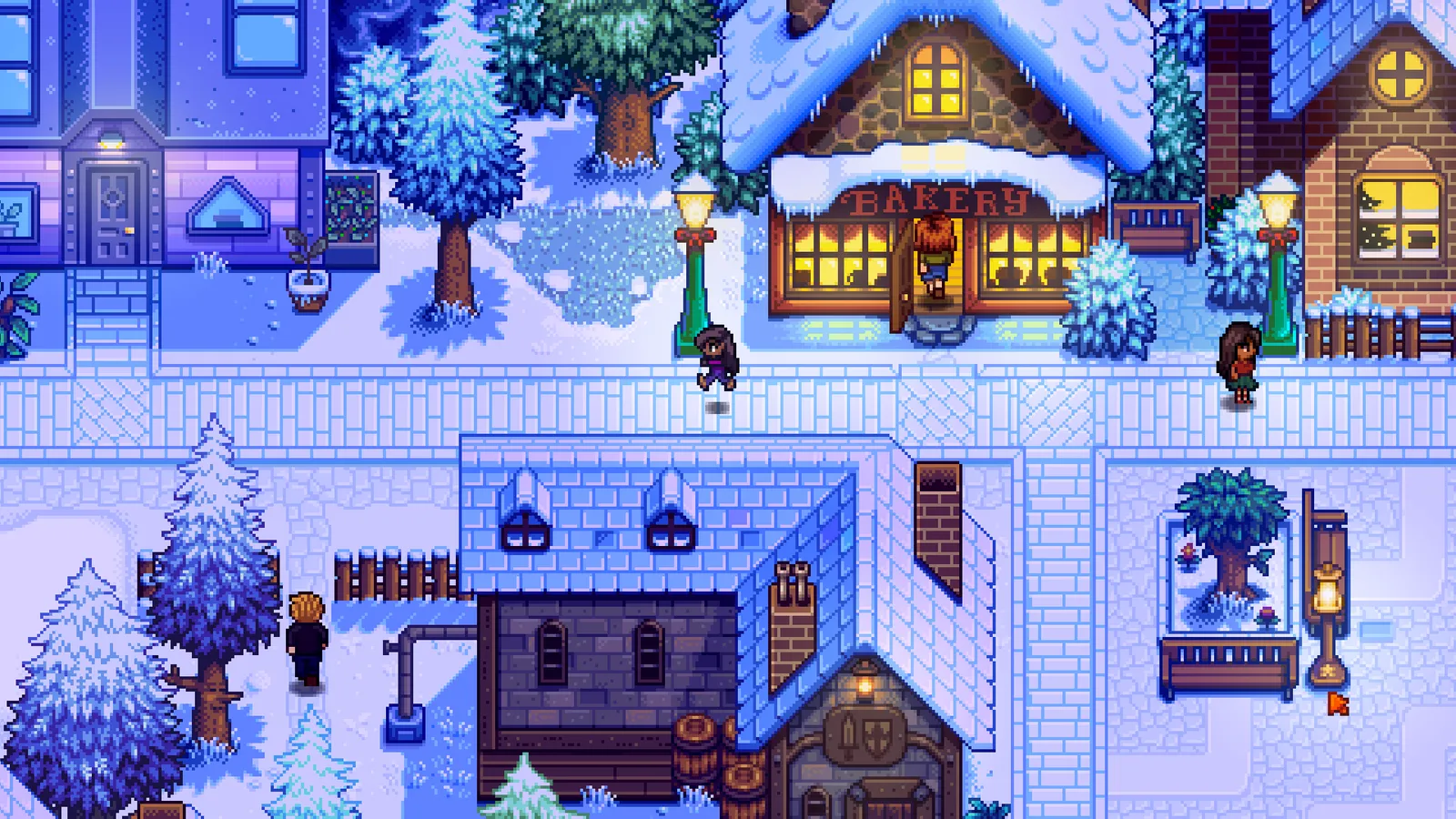 Cena em pixel art de vila nevada à noite, com padaria iluminada, casas cobertas de neve e personagens na rua.