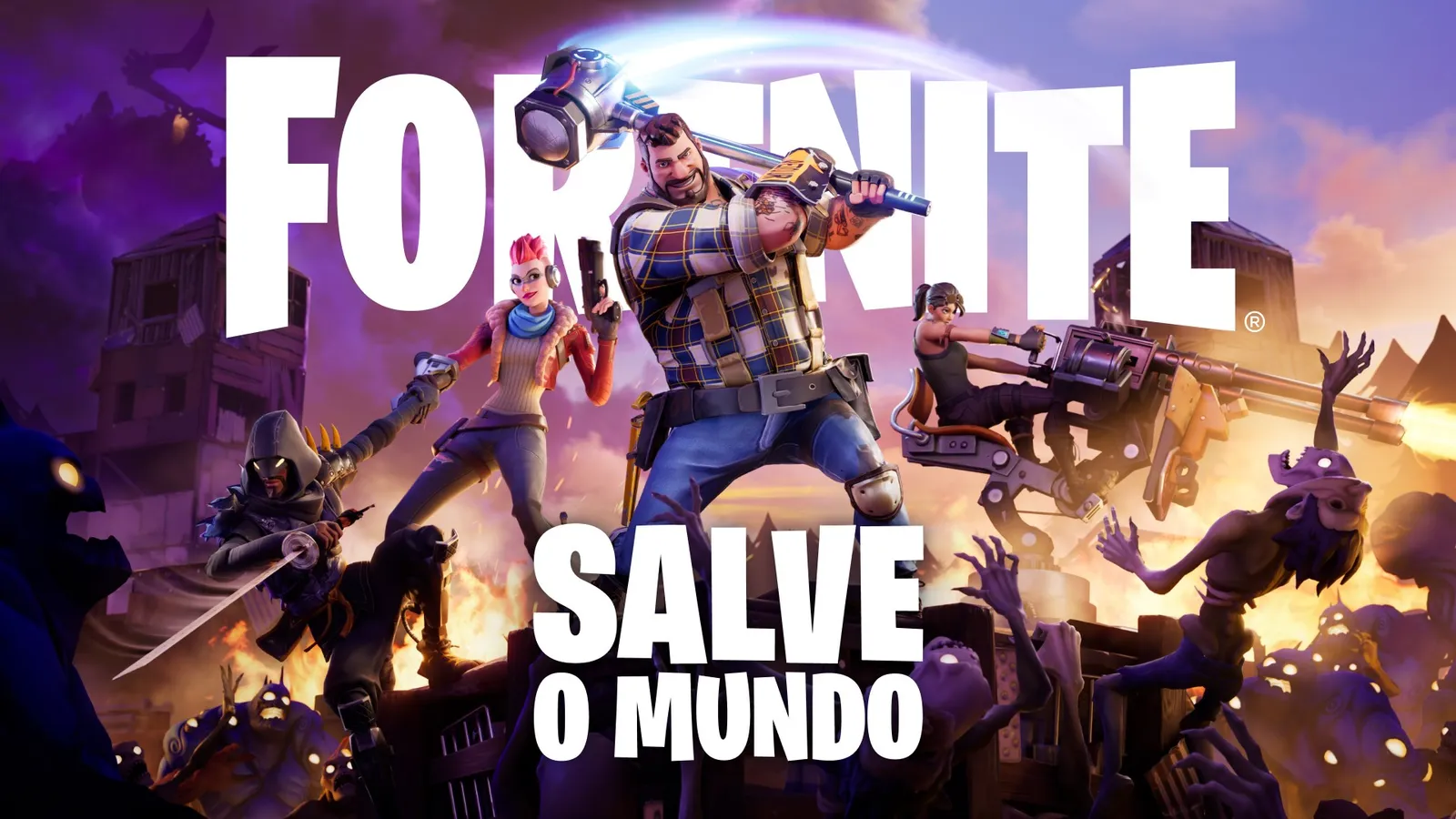 Arte de Fortnite Salve o Mundo com heróis armados enfrentando monstros em uma cidade destruída.