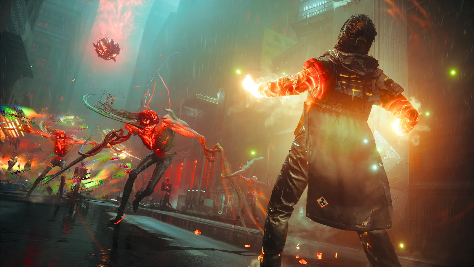 Personagem de sobretudo enfrenta criaturas vermelhas em uma cidade destruída, com energia brilhando nas mãos.