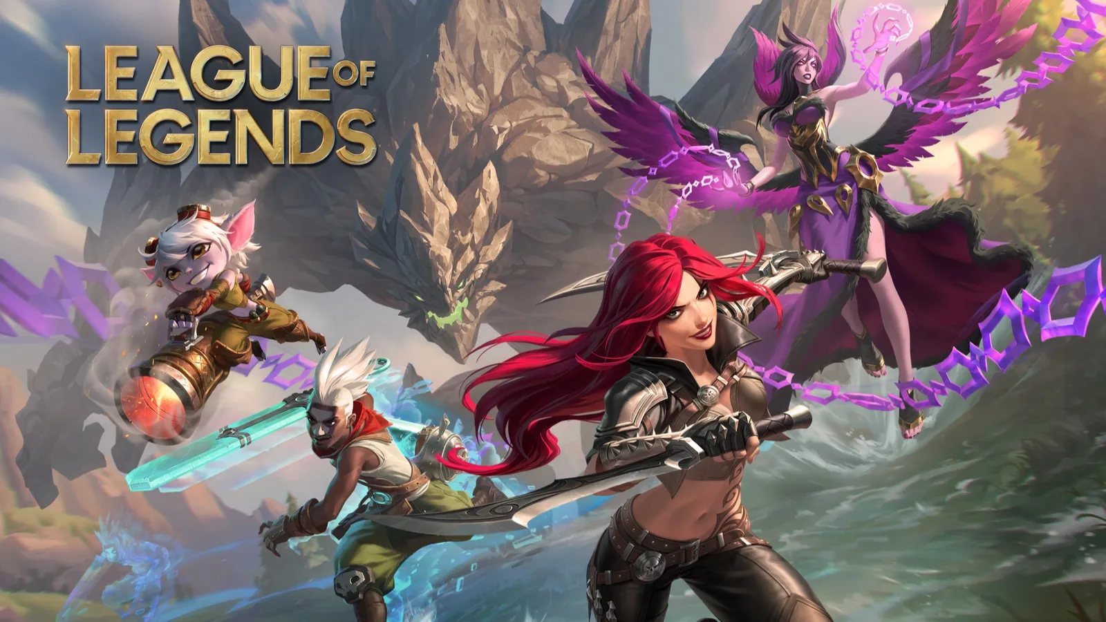 Arte de League of Legends com campeãs armadas em combate diante de criaturas aladas e cenário montanhoso.