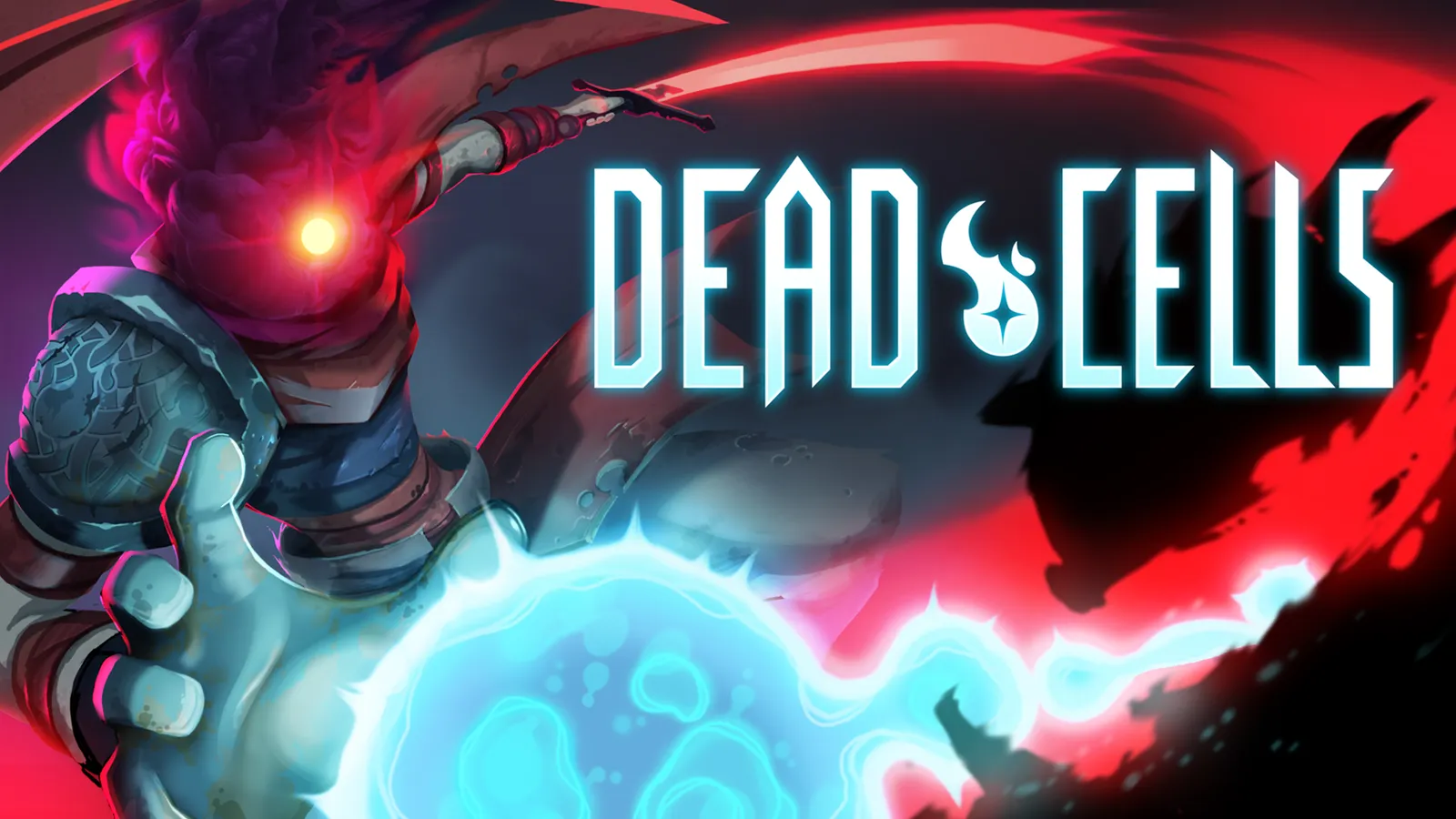 Arte de Dead Cells com protagonista de olhos brilhantes e energia azul nas mãos diante do logotipo.