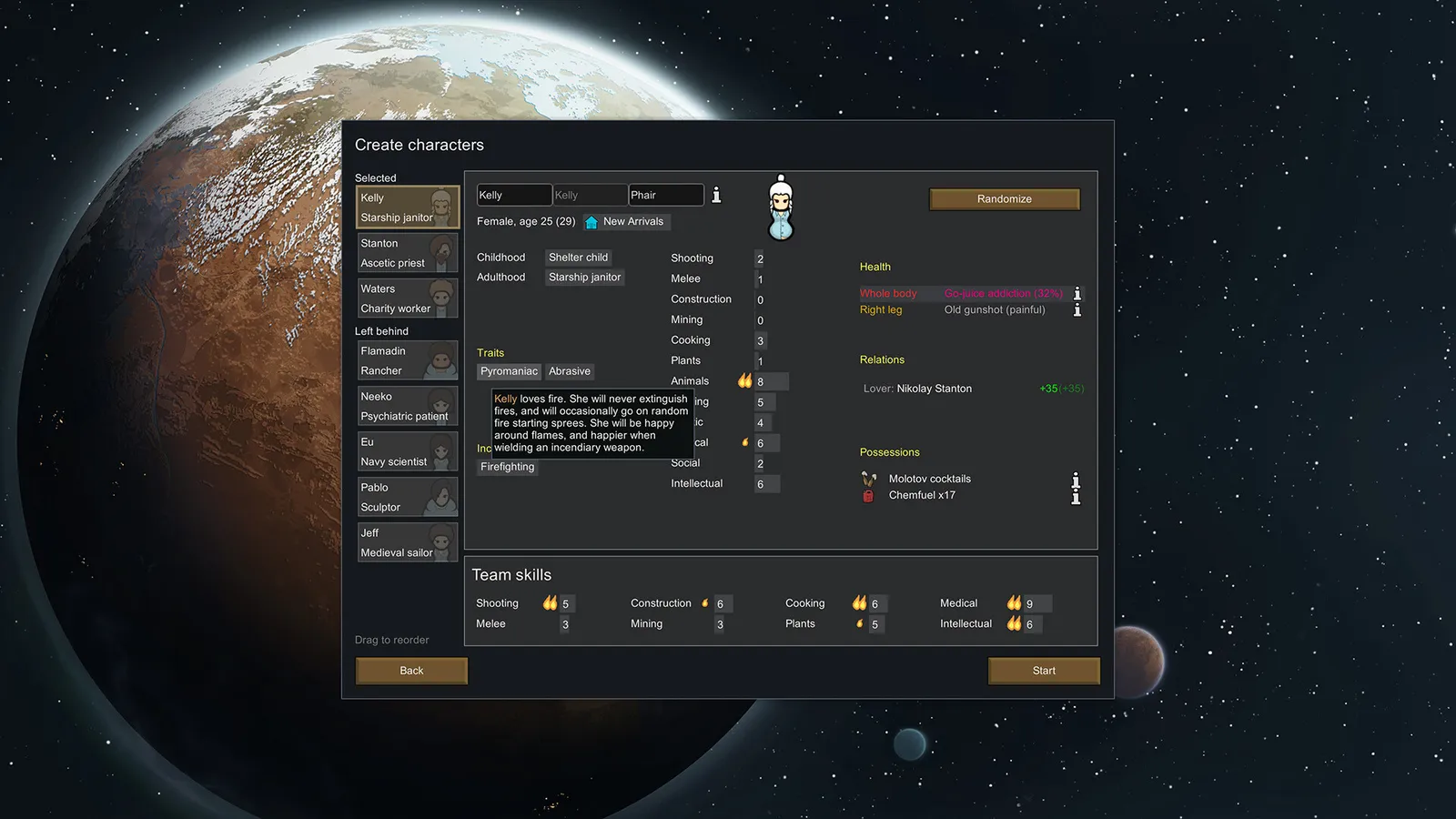 Tela de criação de personagens de RimWorld sobre um planeta visto do espaço.