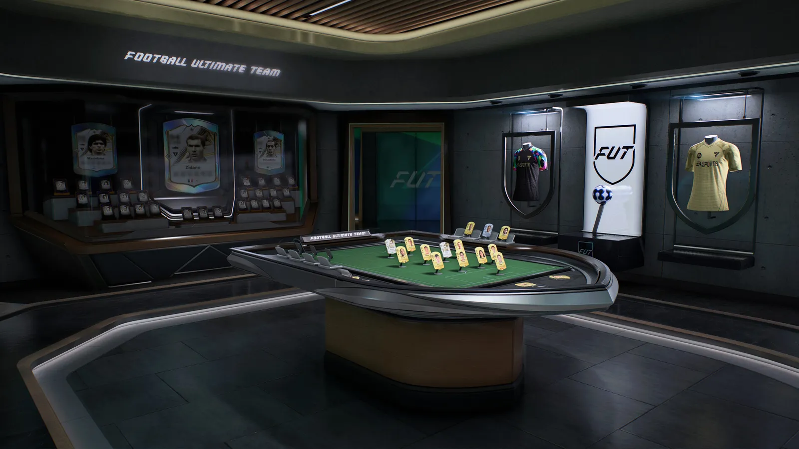 Sala virtual do Football Ultimate Team com mesa de pôquer, camisas em vitrines e cartas de jogadores.