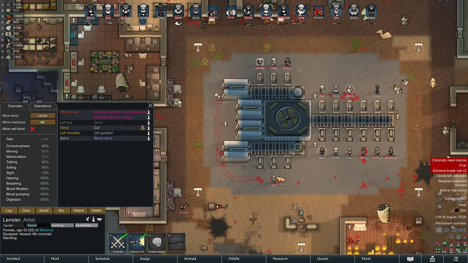 Captura de RimWorld mostra uma colônia vista de cima, com prédios, painéis de gerenciamento e personagens armados.