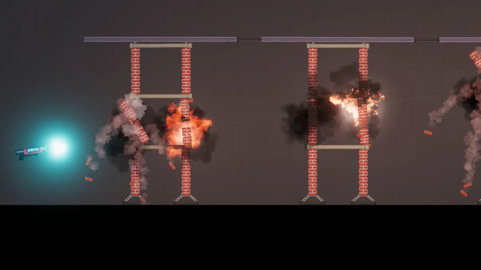 Cena 2D de People Playground com estruturas de tijolos explodindo e chamas, fumaça e destroços no ar.
