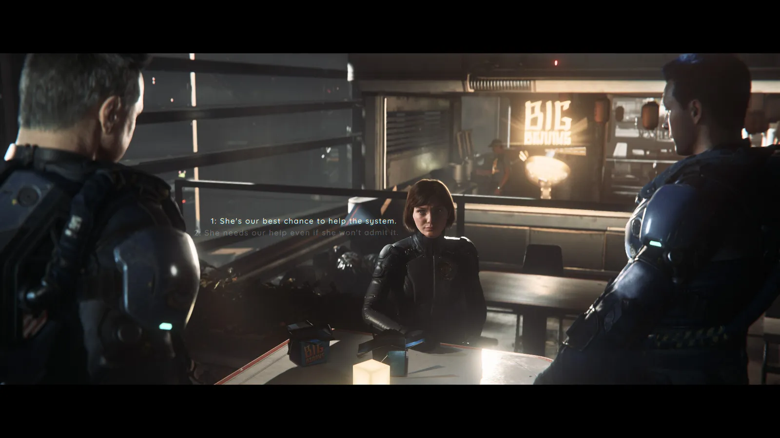 Três personagens com armaduras futuristas conversam em uma mesa dentro de uma nave espacial.