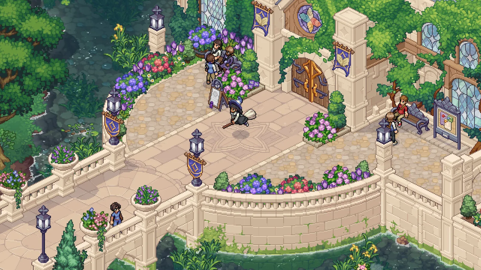 Cena em pixel art de Witchbrook com personagens diante de um prédio, cercado por flores, árvores e caminhos de pedra.