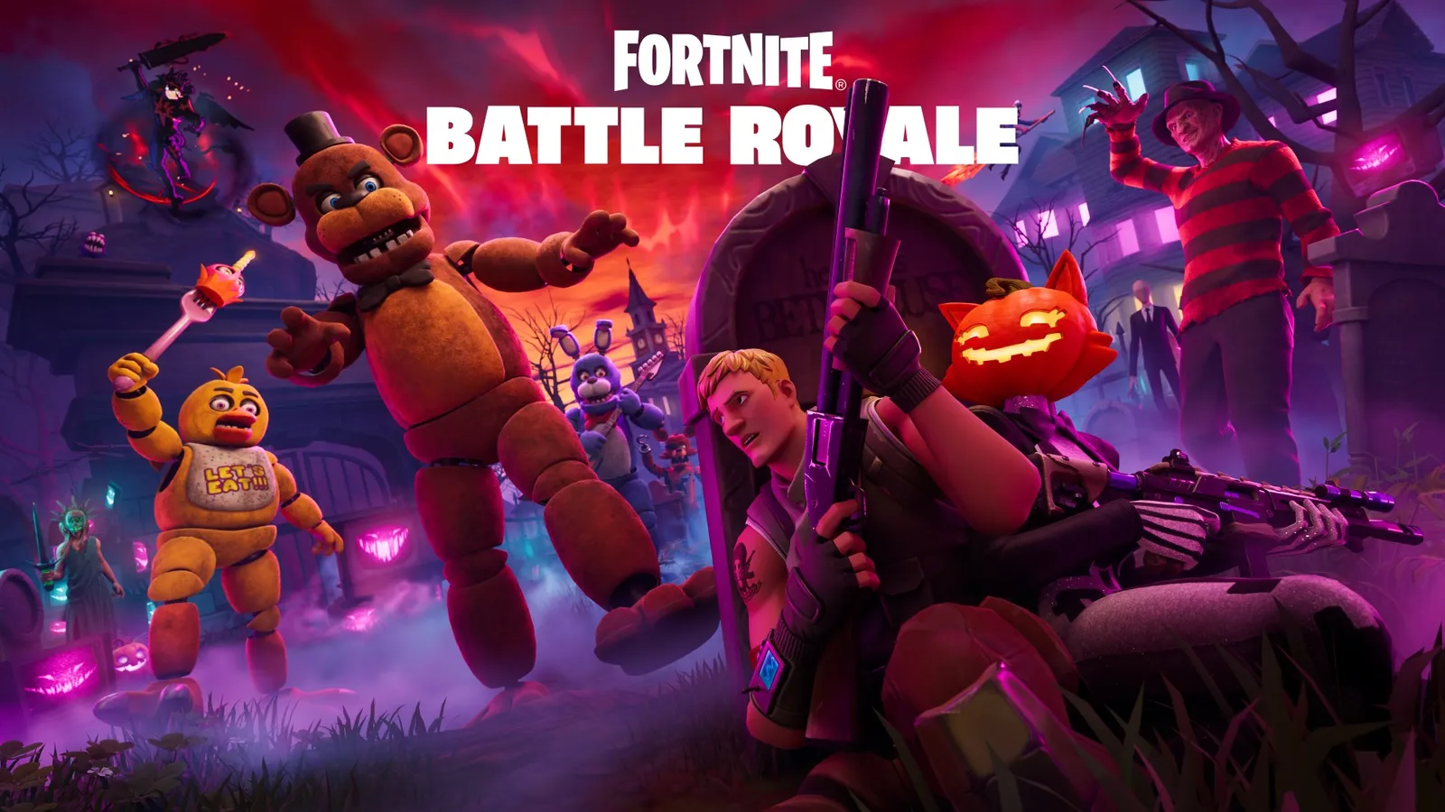 Arte de Fortnite Battle Royale com personagens armados e animatrônicos em cenário sombrio de Halloween.