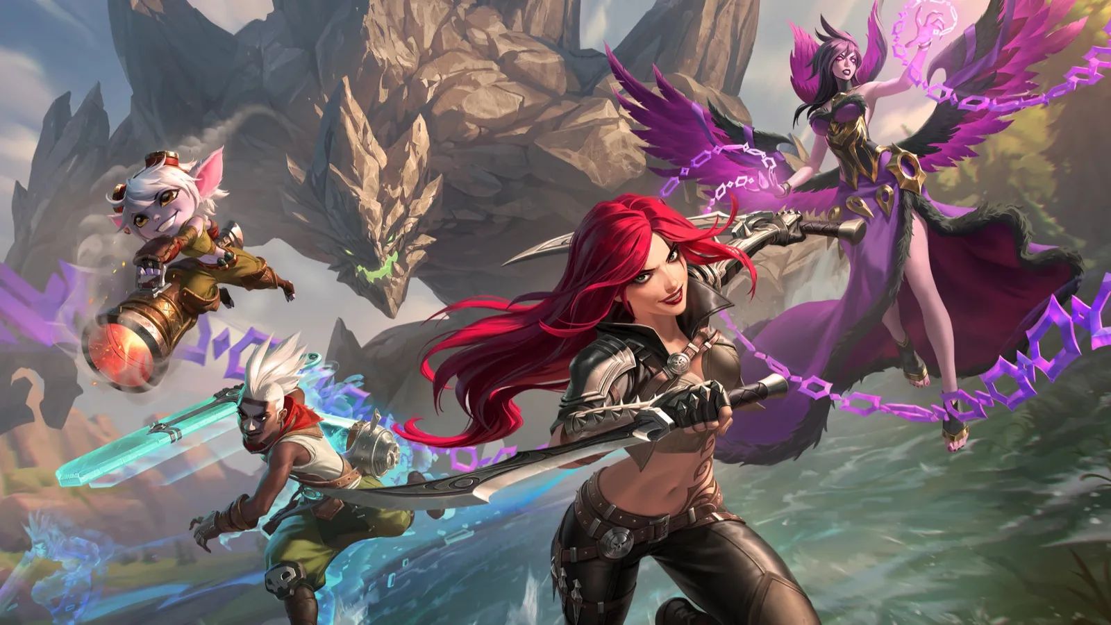 Campeãs de League of Legends em combate diante de um dragão em cenário montanhoso.