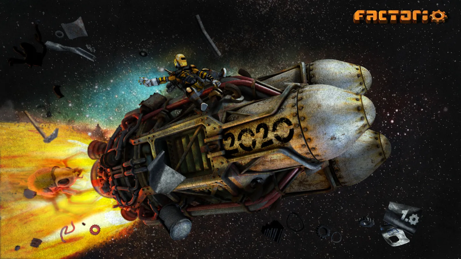 Nave industrial com propulsores em chamas atravessa o espaço entre destroços, com o logotipo de Factorio no canto superior direito.