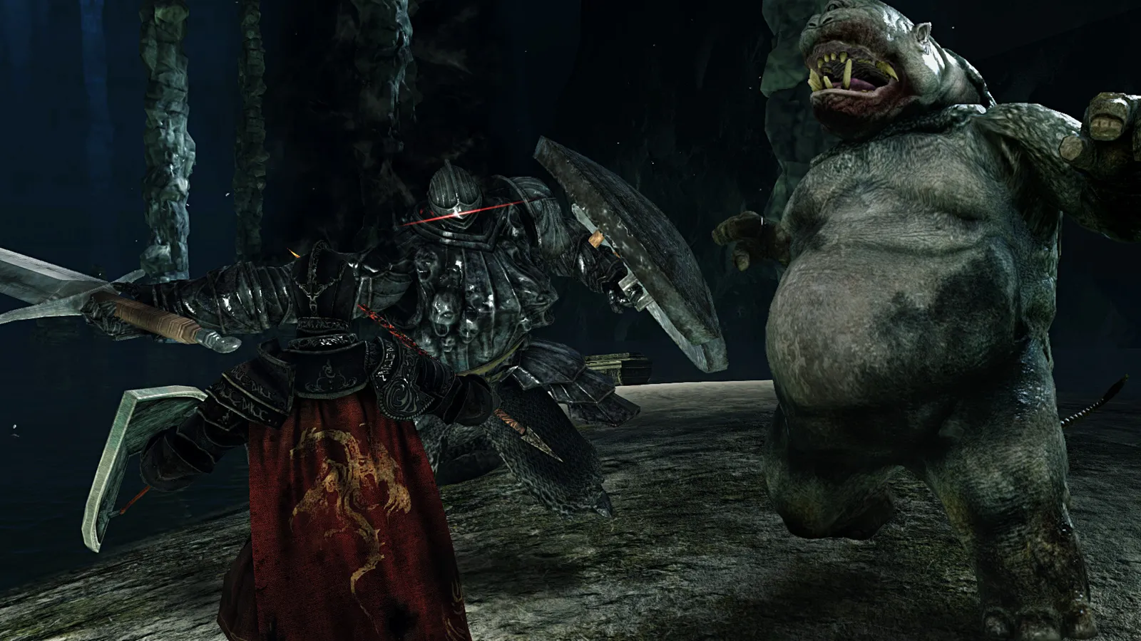 Personagem de armadura enfrenta dois monstros em uma caverna escura.