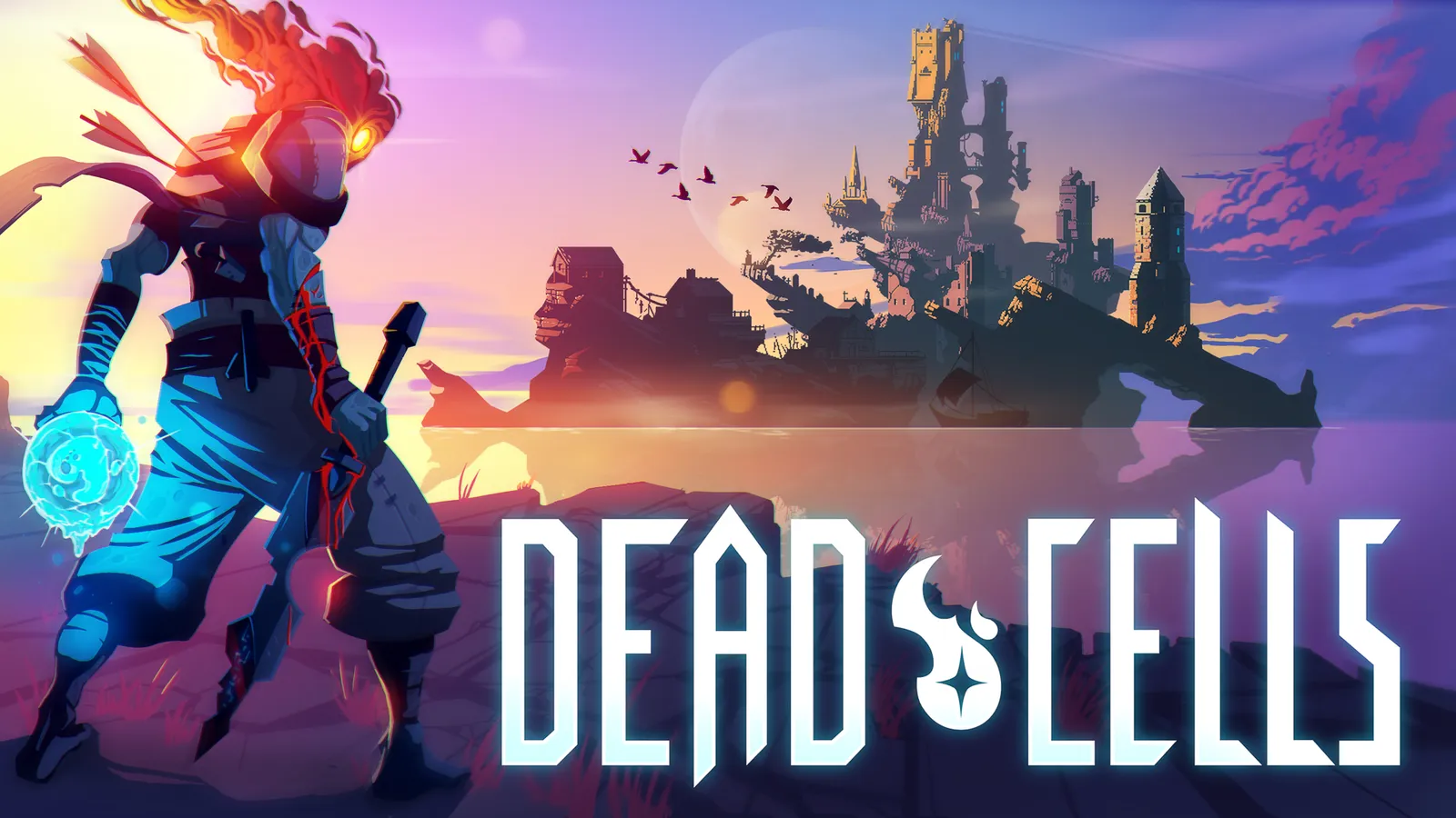 Arte de Dead Cells com protagonista de costas, castelo ao fundo e logotipo do jogo.