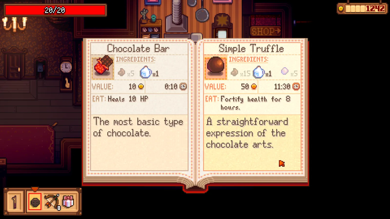 Tela de Haunted Chocolatier mostra livro de receitas com barras de chocolate e trufas simples em ambiente escuro.