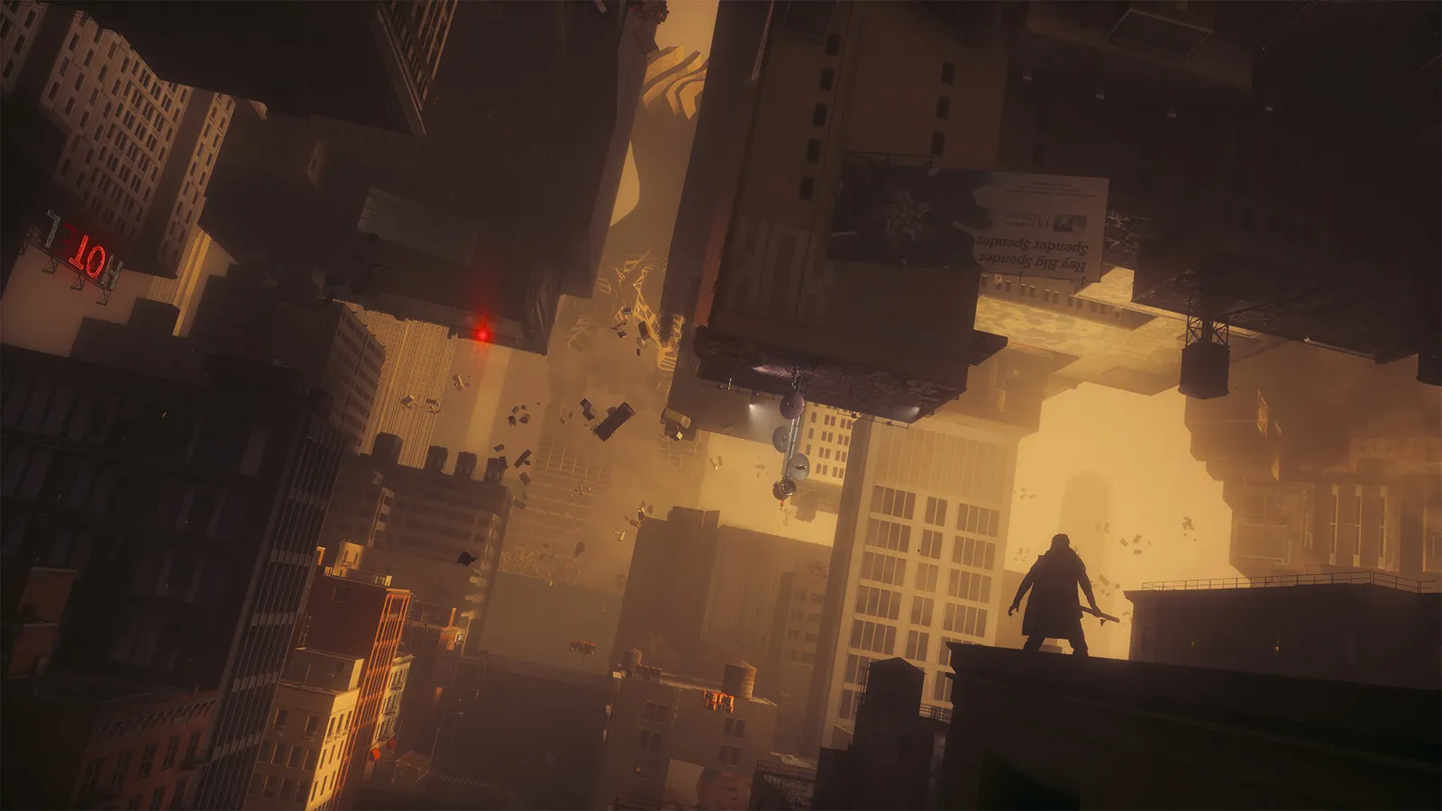 Personagem em telhado observa cidade distorcida, com prédios e veículos suspensos em luz alaranjada.
