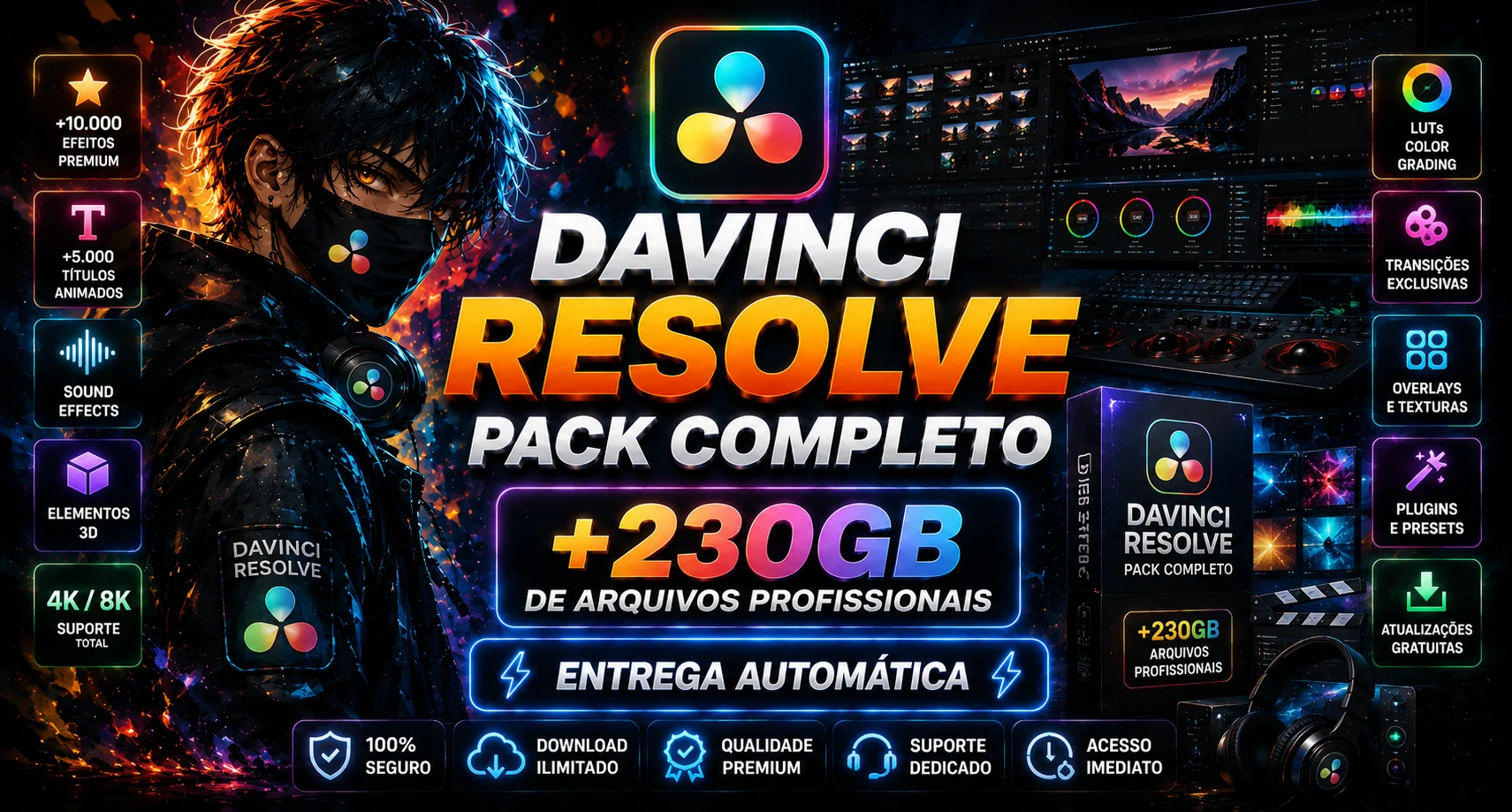 DAVINCI RESOLVE PACK COMPLETO +230GB DE ARQUIVOS PROFISSIONAIS ...