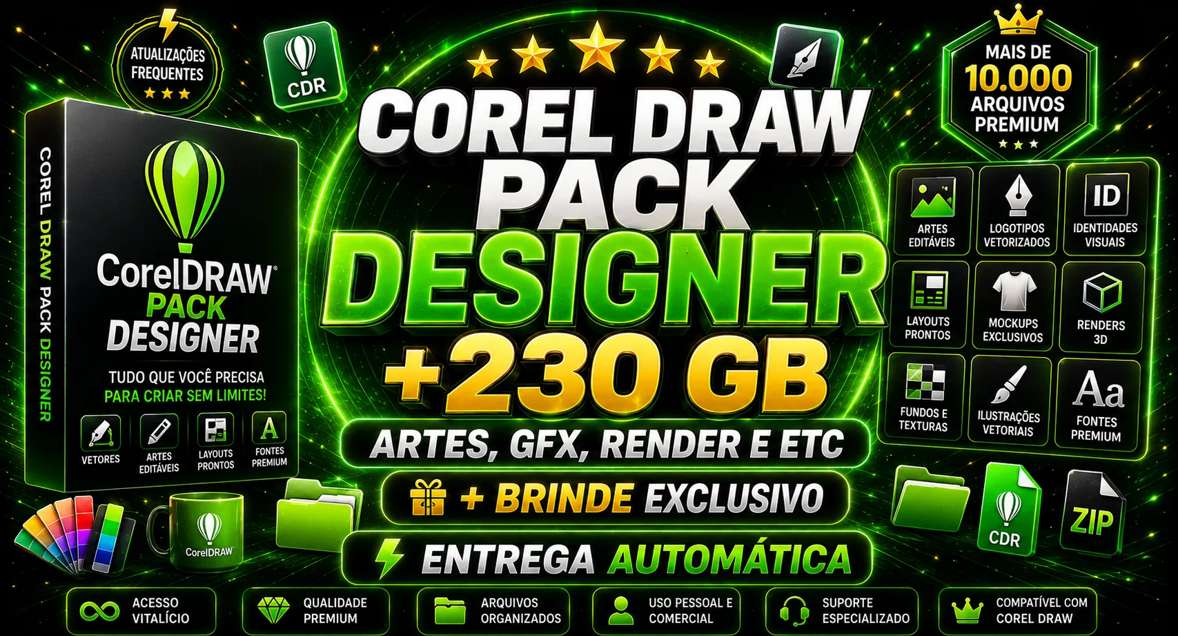 COREL DRAW PACK DESIGNER +230 GB ARTES, GFX, RENDER E ETC + BRINDE ...