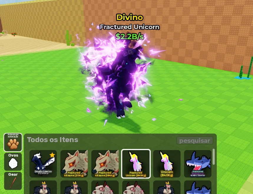 Steal An Egg gameplay screenshot showing a high-value Fractured Unicorn pet and displayed income